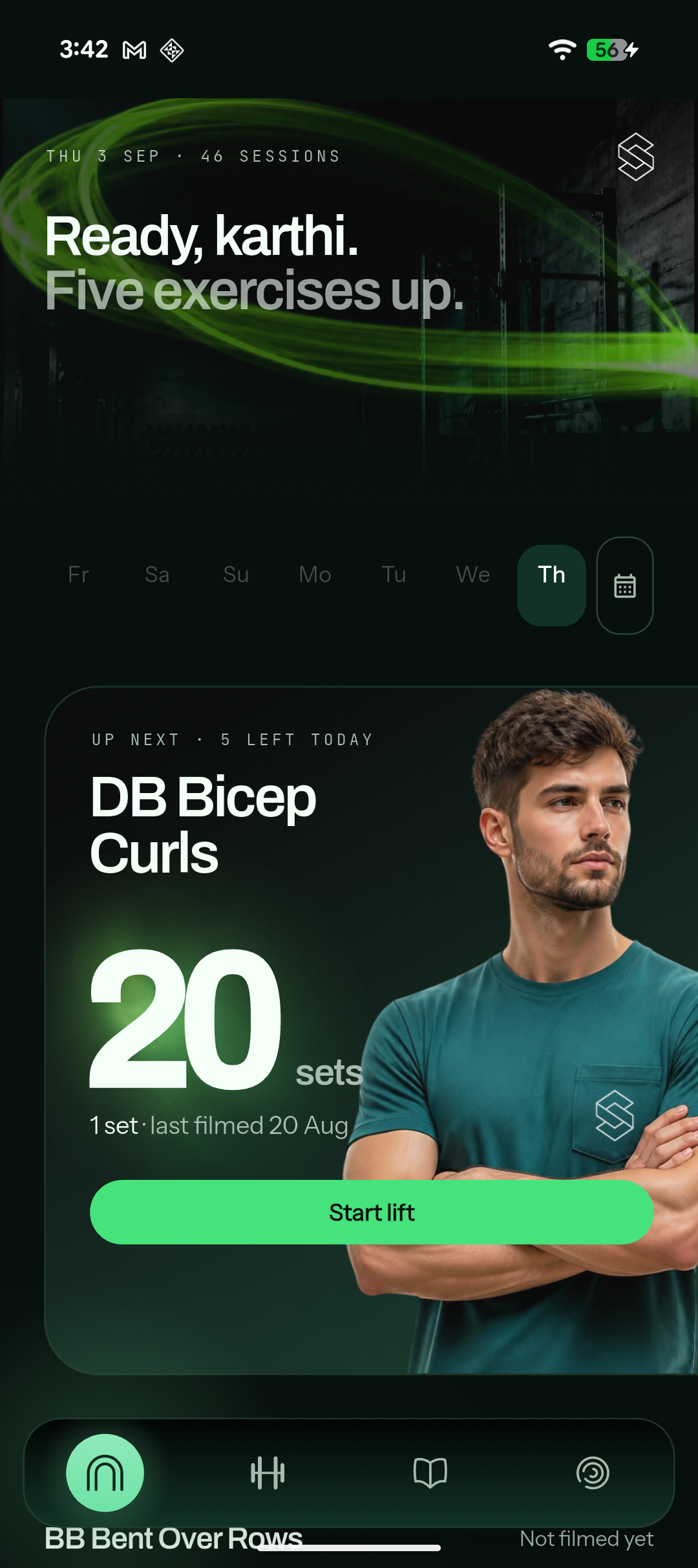 The home screen showing today's focus, the week strip and the current exercise.