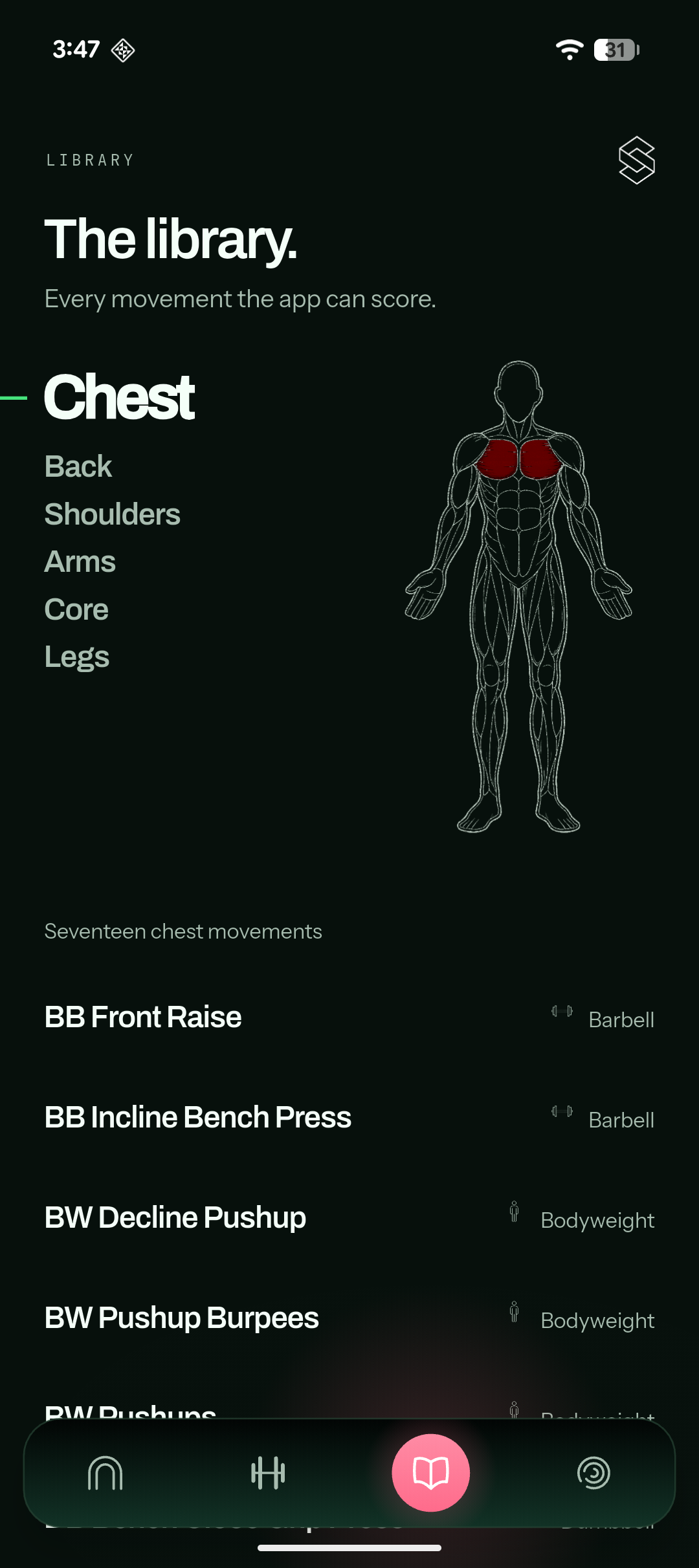 The movement library: six groups, each movement tagged by equipment.