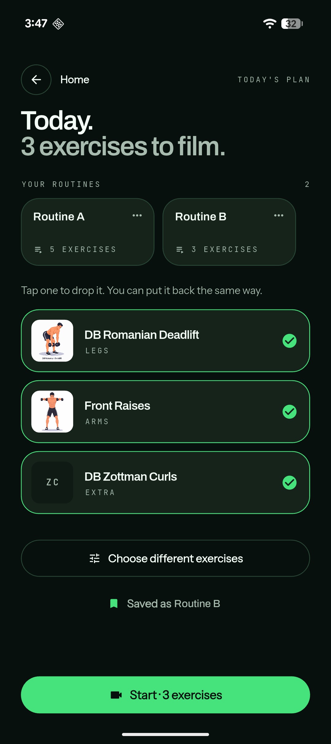 Today's plan: saved routines across the top, the day's exercises listed below.