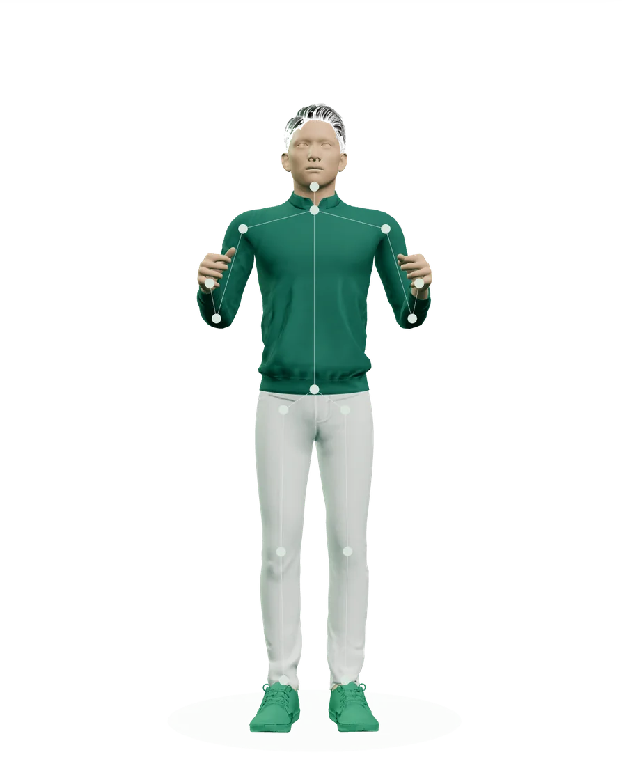 The patient's movement rebuilt on a 3D avatar, with tracked keypoints on each joint