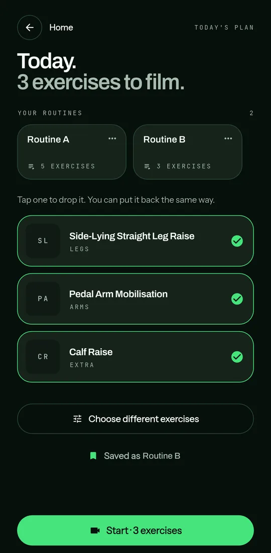 Today's plan in the Smartan app: three exercises to film and a Start button