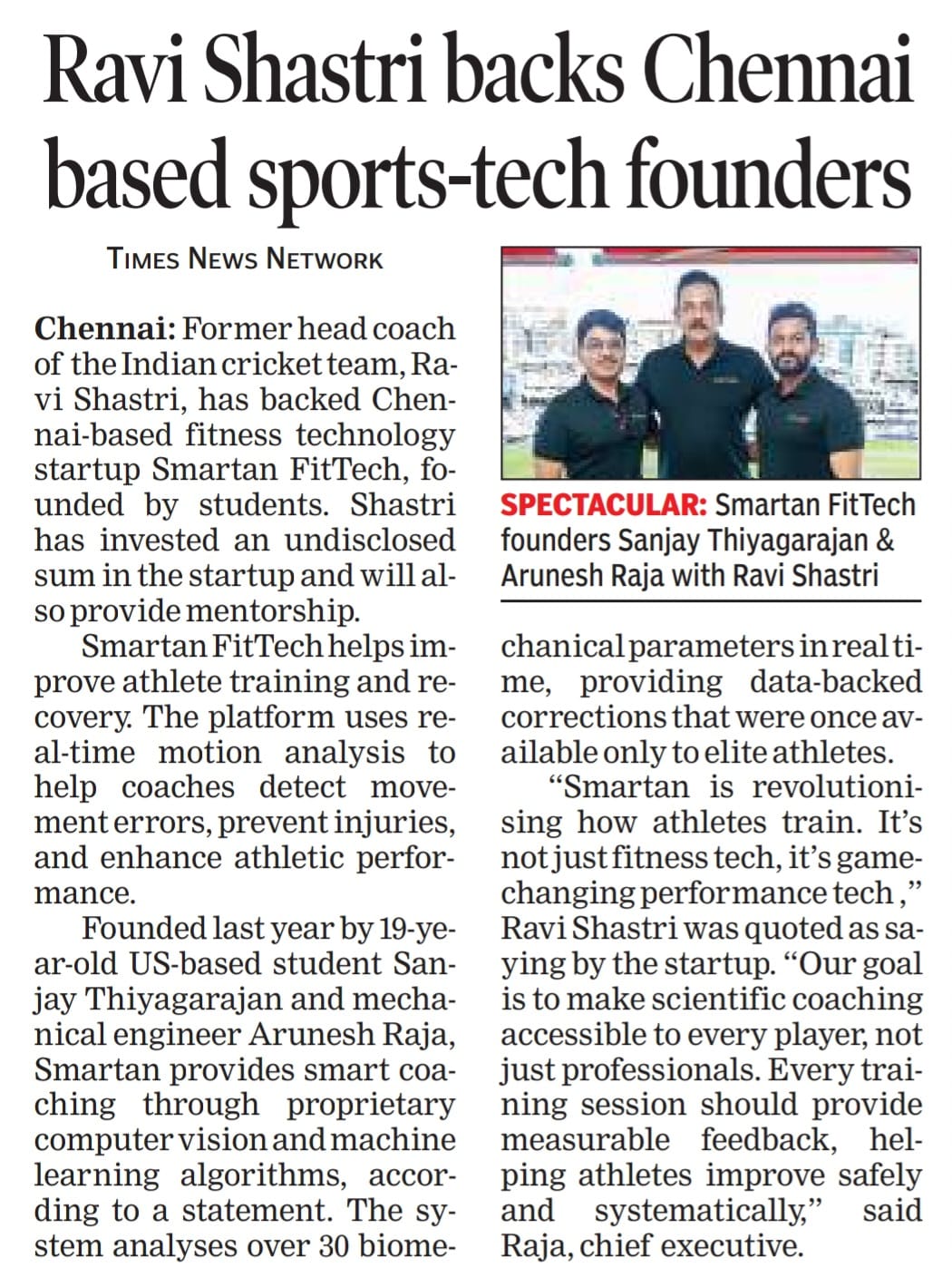 Ravi Shastri backs Chennai based sports-tech founders
